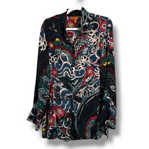 Harari Asian Inspired Silk Button Down Shirt Size Large